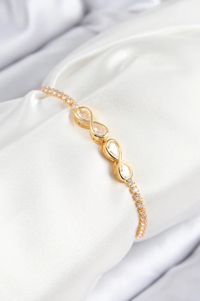 Pirinç Zirkon Taşlı Sonsuzluk Model Gold Renk Asansörlü Kadın Bileklik ürün görseli 1
