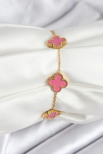 316L Çelik Gold Zincir Pembe Yonca Renk Bileklik ürün görseli 1