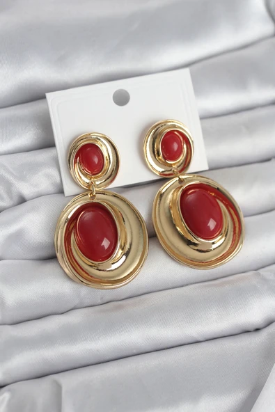 Kırmızı Sallantılı Damla Model Gold Renk Vintage Kadın Küpe ürün görseli 1