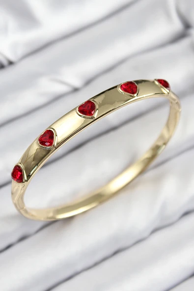 Pirinç Zirkon Taşlı Kırmızı Kalp Model Gold Renk Kadın Kelepçe ürün görseli 1