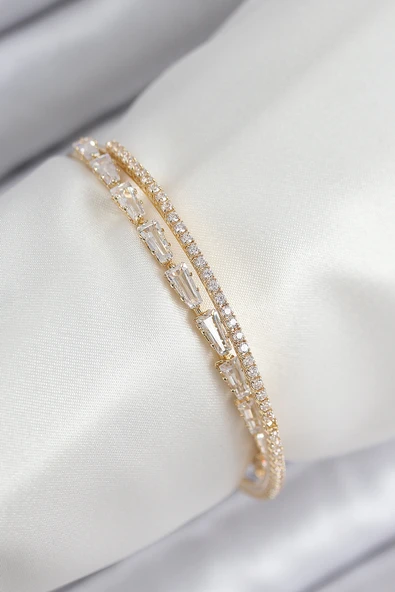 Pirinç Zirkon Taşlı Su Yolu Model Gold Renk Kadın Bileklik ürün görseli 1