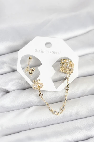 Kiraz Model Pirinç Gold Renk Zincir Bağlantılı Ear Cuff Küpe Seti ürün görseli 1