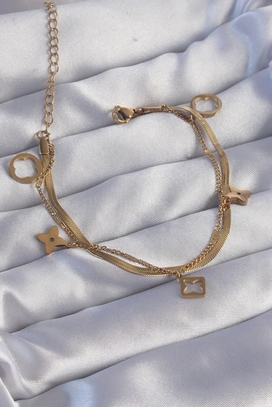 316L Çelik Gold Renk Çift Zincir Yonca Tasarım Bileklik ürün görseli 1