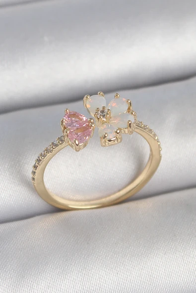 Pirinç Gold Renk Beyaz Mineli Pembe Zirkon Taşlı Çiçek Model Kadın Yüzük ürün görseli 1