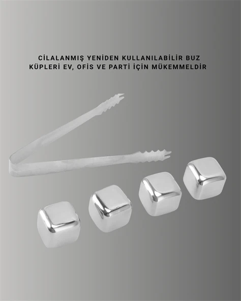 Yeniden Kullanılabilir 304 Çelik Metal Buz Küpleri 4'lü Set ürün görseli 1