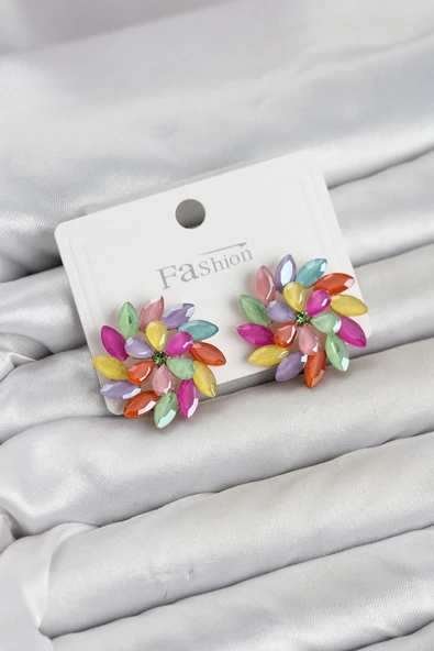 Karışık Renk Kristal Taşlı Çiçek Model Kadın Küpe ürün görseli 1