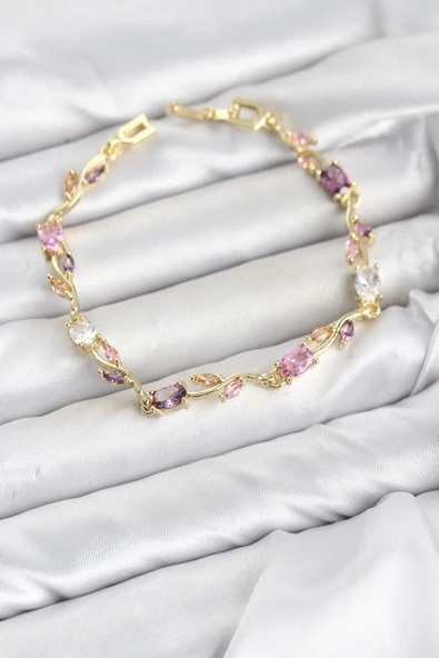 Pirinç Gold Renk Pembe ve Mor Zirkon Taşlı Çiçek Model Kadın Bileklik ürün görseli 1