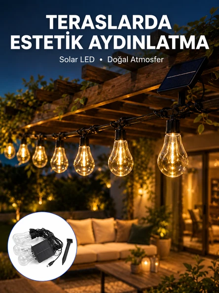 Güneş Enerjili LED Ampul Zincir Işık Sıcak Beyaz Dekoratif Bahçe Aydınlatması ürün görseli 1