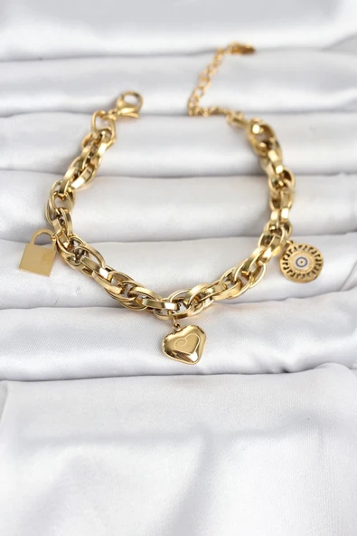 316L Çelik Gold Renk Charmlı Kalın Burgu Model Kadın Bileklik ürün görseli 1