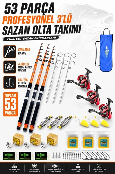 Profesyonel 3’lü Sazan Olta Takımı - 3.30MT- Kırılmaz Kamış Metal Kafa Makine ürün görseli 1