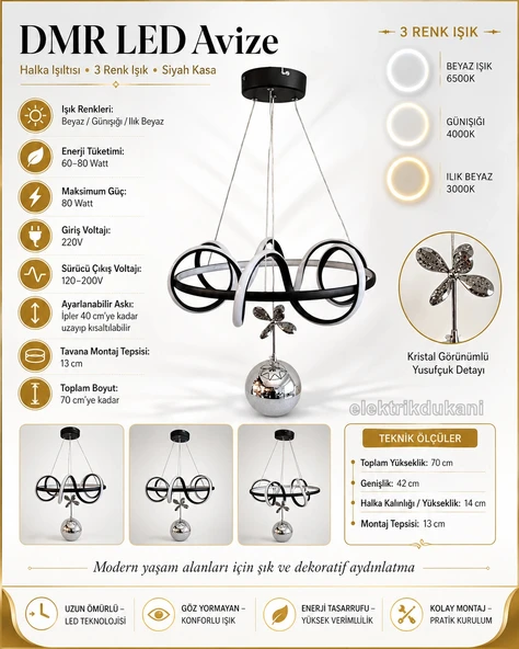 DMR Tek Toplu HALKA IŞILTISI Sarkıt Led Avize SİYAH Kasa Üç Renk 6500k/4000k/3000k (Beyaz /Sarı/Ilık Beyaz (Günışığı)) ürün görseli 1