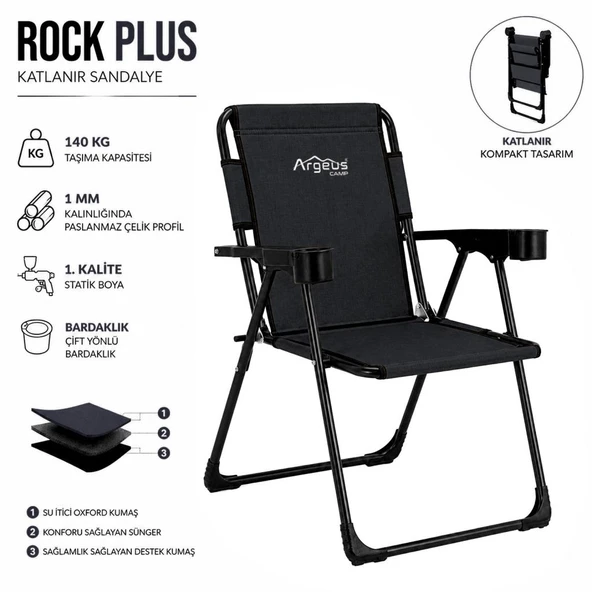 Katlanır Piknik ve Kamp Sandalyesi - Bardaklıklı - Rock Plus - Linen Siyah ürün görseli 1