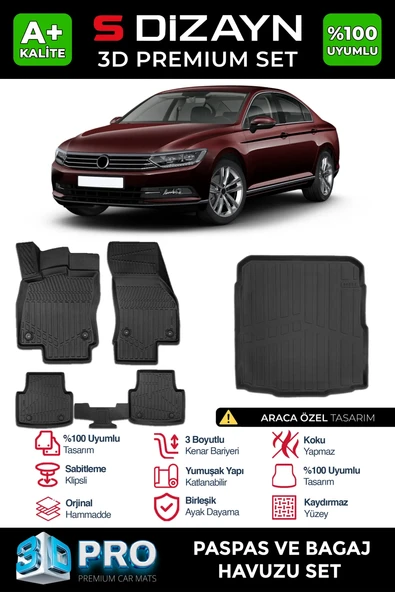 S-Dizayn VW Passat B8 3D Pro Havuzlu Paspas ve Bagaj Havuzu Seti (2'li SET) 2015-2019 A+ Kalite ürün görseli 1