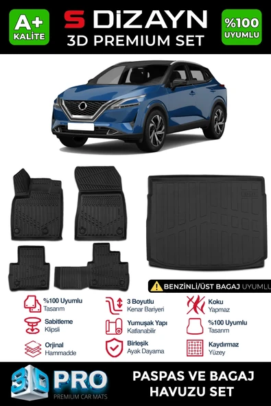 S-Dizayn Nissan Qashqai 1.3 3D Pro Havuzlu Paspas ve Bagaj Havuzu Seti (2'li SET) 2021 Üzeri A+ Kalite ürün görseli 1