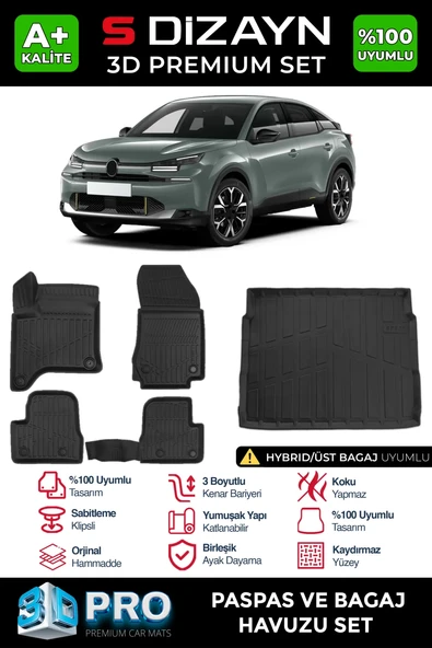 S-Dizayn Citroen C4 Hybrid 3D Pro Havuzlu Paspas ve Üst Bagaj Havuzu Seti (2'li SET) 2025 Üzeri A+ Kalite ürün görseli 1