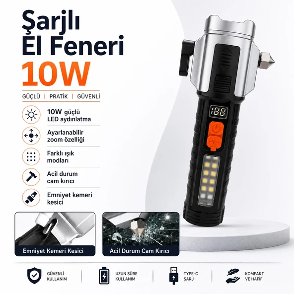 Profesyonel Şarjlı Suya ve Darbeye Dayanıklı El Feneri Kemer Kesme Cam Kırma Mıknatıslı GS-15600 ürün görseli 1
