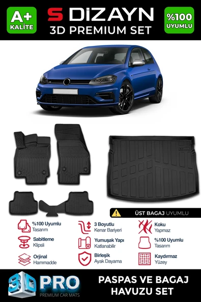 S-Dizayn VW Golf 7 3D Pro Havuzlu Paspas ve Bagaj Havuzu Seti (2'li SET) 2012-2020 A+ Kalite ürün görseli 1