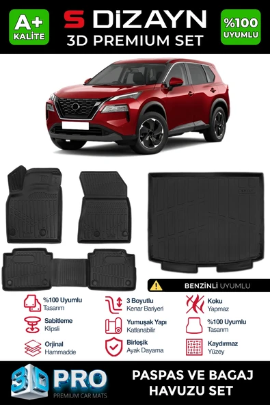 S-Dizayn Nissan X-Trail Benzinli 3D Pro Havuzlu Paspas ve Bagaj Havuzu Seti (2'li SET) 2022 Üzeri A+ Kalite ürün görseli 1