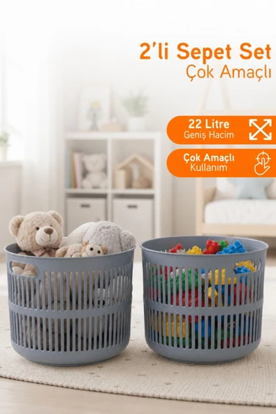 Solara 2'li Dekoratif  Çok Amaçlı Sepet Çamaşır Sepeti Oyuncak Sepeti 44 Litre - Gri ürün görseli 1
