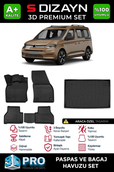 S-Dizayn VW Caddy 3D Pro Havuzlu Paspas ve Bagaj Havuzu Seti (2'li SET) 2020 Üzeri A+ Kalite ürün görseli 1