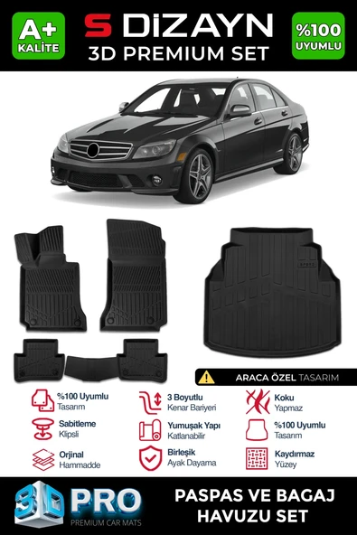 S-Dizayn Mercedes C Serisi W204 3D Pro Havuzlu Paspas ve Bagaj Havuzu Seti (2'li SET) 2007-2014 A+ Kalite ürün görseli 1