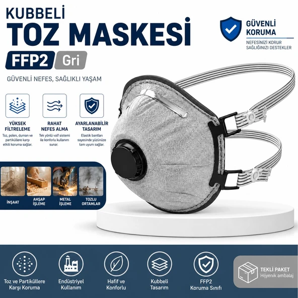 (1 Adet) Kubbeli Toz Maskesi FFP2 Gri Yüksek Filtreleme Koruyucu Solunum Maskesi ürün görseli 1