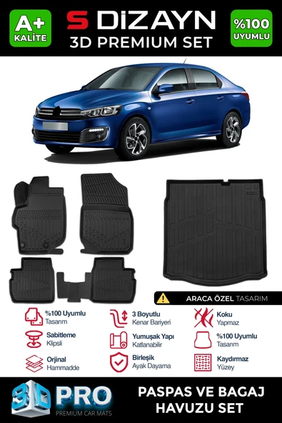 S-Dizayn Citroen C-Elysee 3D Pro Havuzlu Paspas ve Bagaj Havuzu Seti (2'li SET) 2012-2017 A+ Kalite ürün görseli 1