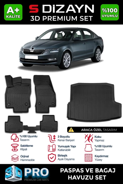 S-Dizayn Skoda Octavia 3D Pro Havuzlu Paspas ve Bagaj Havuzu Seti (2'li SET) 2013-2017 A+ Kalite ürün görseli 1