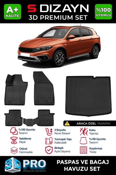 S-Dizayn Fiat Egea Cross 3D Pro Havuzlu Paspas ve Bagaj Havuzu Seti (2'li SET) 2020 Üzeri A+ Kalite ürün görseli 1