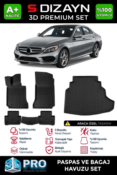 S-Dizayn Mercedes C Serisi W205 3D Pro Havuzlu Paspas ve Bagaj Havuzu Seti (2'li SET) 2014-2020 A+ Kalite ürün görseli 1