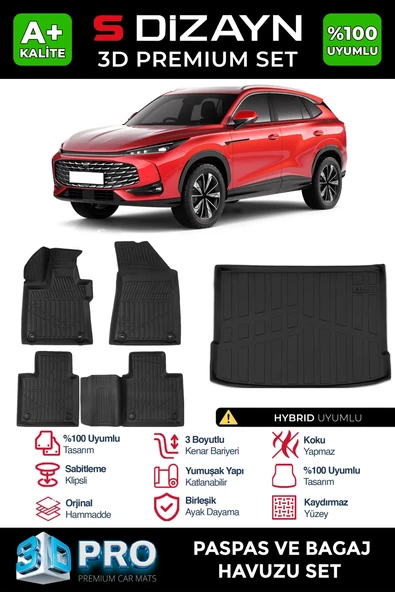 S-Dizayn MG HS Turbo Hybrid 3D Pro Havuzlu Paspas ve Bagaj Havuzu Seti (2'li SET) 2024 Üzeri A+ Kalite ürün görseli 1