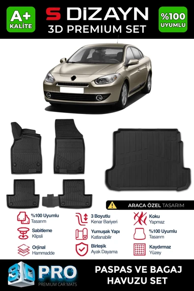 S-Dizayn Renault Fluence 3D Pro Havuzlu Paspas ve Bagaj Havuzu Seti (2'li SET) 2010-2016 A+ Kalite ürün görseli 1