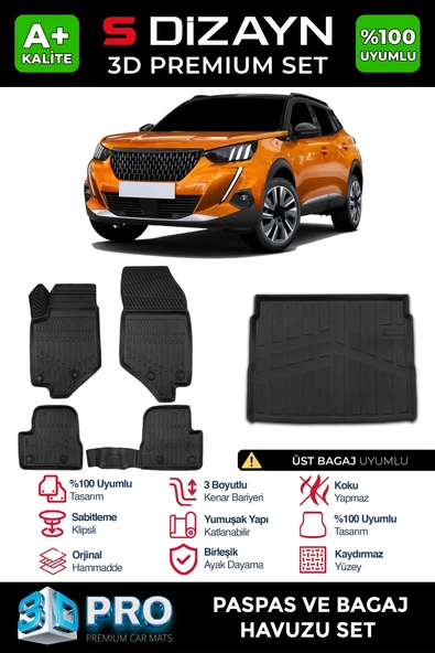 S-Dizayn Peugeot 2008 3D Pro Havuzlu Paspas ve Üst Bagaj Havuzu Seti (2'li SET)  2019-2023 A+ Kalite ürün görseli 1