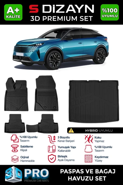 S-Dizayn Peugeot 3008 Hybrid 3D Pro Havuzlu Paspas ve Bagaj Havuzu Seti (2'li SET) 2024 Üzeri A+ Kalite ürün görseli 1