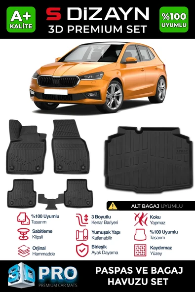 S-Dizayn Skoda Fabia 4 3D Pro Havuzlu Paspas ve Alt Bagaj Havuzu Seti (2'li SET) 2021 Üzeri A+ Kalite ürün görseli 1