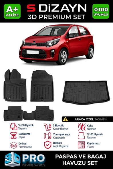 S-Dizayn Kia Picanto 3D Pro Havuzlu Paspas ve Bagaj Havuzu Seti (2'li SET) 2017 Üzeri A+ Kalite ürün görseli 1