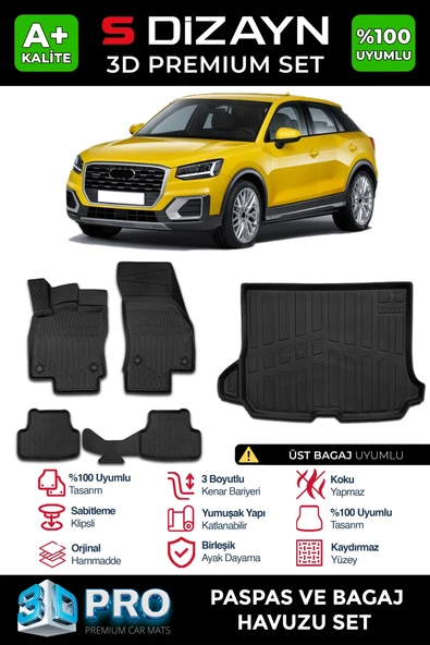 S-Dizayn Audi Q2 3D Pro Havuzlu Paspas ve Üst Bagaj Havuzu Seti (2'li SET) 2017-2023 A+ Kalite ürün görseli 1