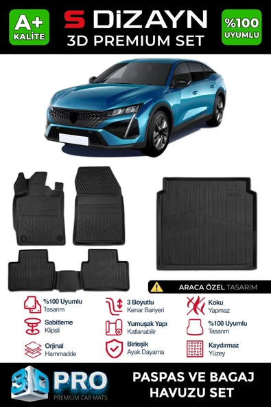 S-Dizayn Peugeot 408 3D Pro Havuzlu Paspas ve Bagaj Havuzu Seti (2'li SET) 2023 Üzeri A+ Kalite ürün görseli 1