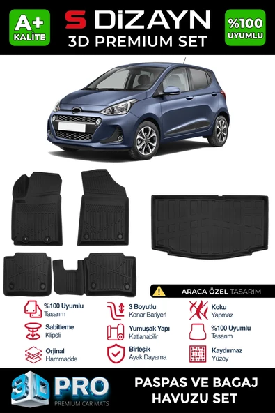 S-Dizayn Hyundai i10 3D Pro Havuzlu Paspas ve Bagaj Havuzu Seti (2'li SET) 2013-2019 A+ Kalite ürün görseli 1