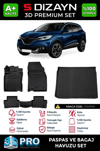 S-Dizayn Renault Kadjar 3D Pro Havuzlu Paspas ve Bagaj Havuzu Seti (2'li SET) 2015 Üzeri A+ Kalite ürün görseli 1
