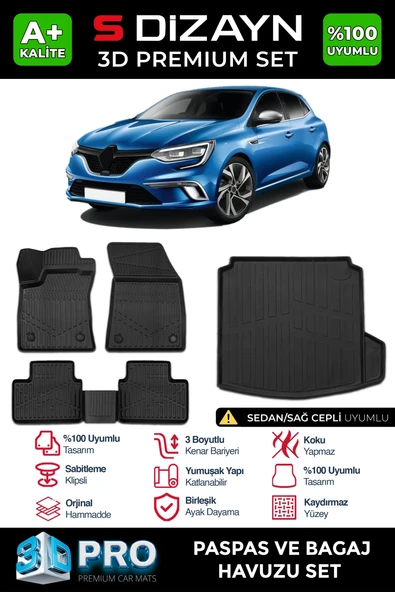 S-Dizayn Renault Megane 4 Sedan 3D Pro Havuzlu Paspas ve Sağ Kulak Paspas Bagaj Havuzu Seti (2'li SET)  2016-2021 A+ Kalite ürün görseli 1