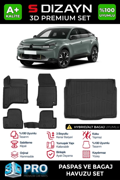 S-Dizayn Citroen C4 Hybrid 3D Pro Havuzlu Paspas ve Alt Bagaj Havuzu Seti (2'li SET) 2025 Üzeri A+ Kalite ürün görseli 1