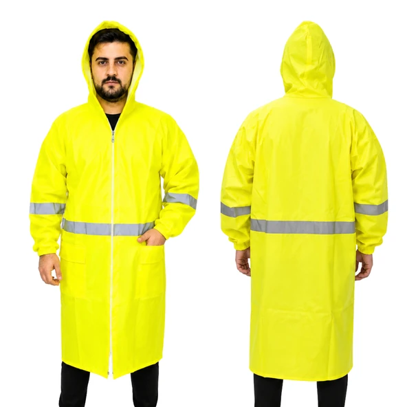 (1 Adet) Neon Reflektörlü XL Beden Fermuarlı Uzun Pardesü Yağmurluk Yeşil Renk Yağmurluk ürün görseli 1