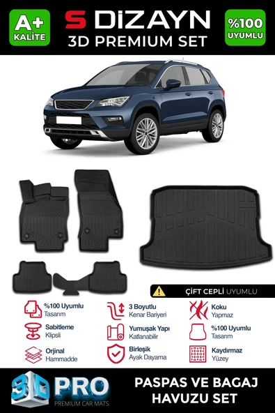 S-Dizayn Seat Ateca 3D Pro Havuzlu Paspas ve Çift Cepli Bagaj Havuzu Seti (2'li SET) 2017-2020 A+ Kalite ürün görseli 1