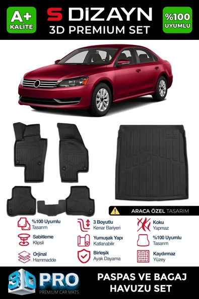 S-Dizayn VW Passat B7 3D Pro Havuzlu Paspas ve Bagaj Havuzu Seti (2'li SET) 2010-2014 A+ Kalite ürün görseli 1