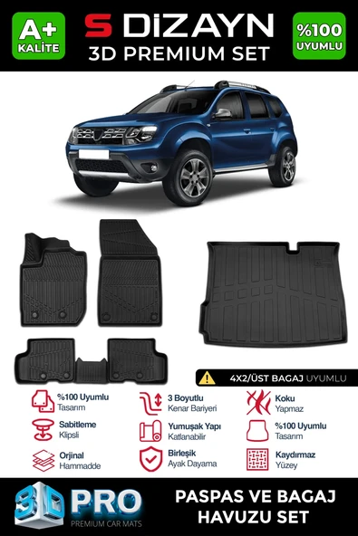 S-Dizayn Dacia Duster 4X2 3D Pro Havuzlu Paspas ve Üst Bagaj Havuzu Seti (2'li SET) 2018-2022 A+ Kalite ürün görseli 1
