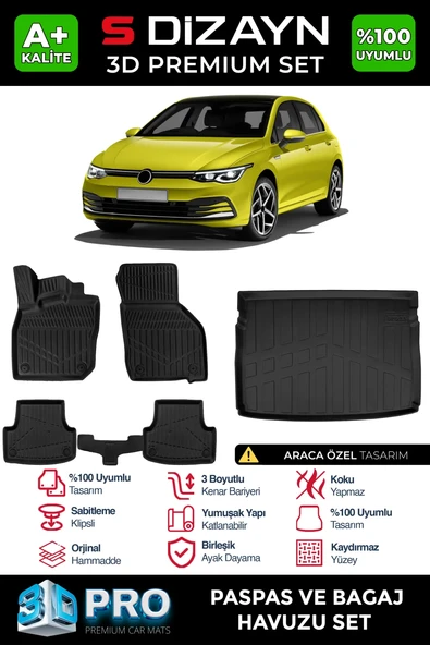 S-Dizayn VW Golf 8 Manuel 3D Pro Havuzlu Paspas ve Üst Bagaj Havuzu Seti (2'li SET)  2020-2024 A+ Kalite ürün görseli 1