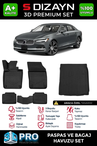 S-Dizayn Volvo S90 3D Pro Paspas ve Bagaj Havuzu Seti (2'li SET)  2016 Üzeri A+ Kalite ürün görseli 1