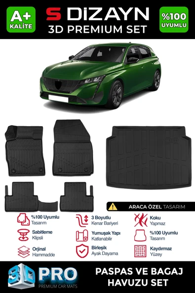 S-Dizayn Peugeot 308 3D Pro Havuzlu Paspas ve Bagaj Havuzu Seti (2'li SET) 2022 Üzeri A+ Kalite ürün görseli 1