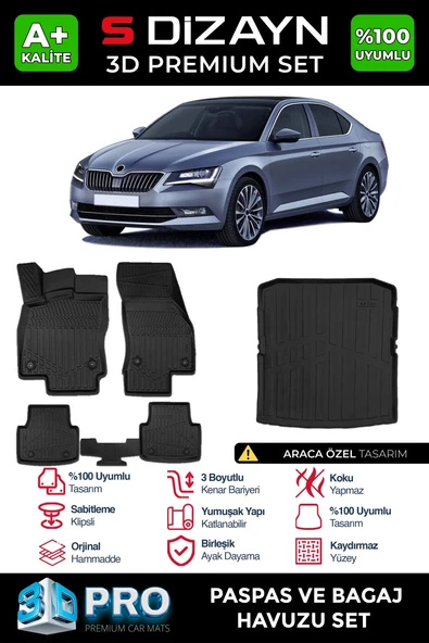 S-Dizayn Skoda SuperB 3D Pro Havuzlu Paspas ve Bagaj Havuzu Seti (2'li SET) 2015-2023 A+ Kalite ürün görseli 1
